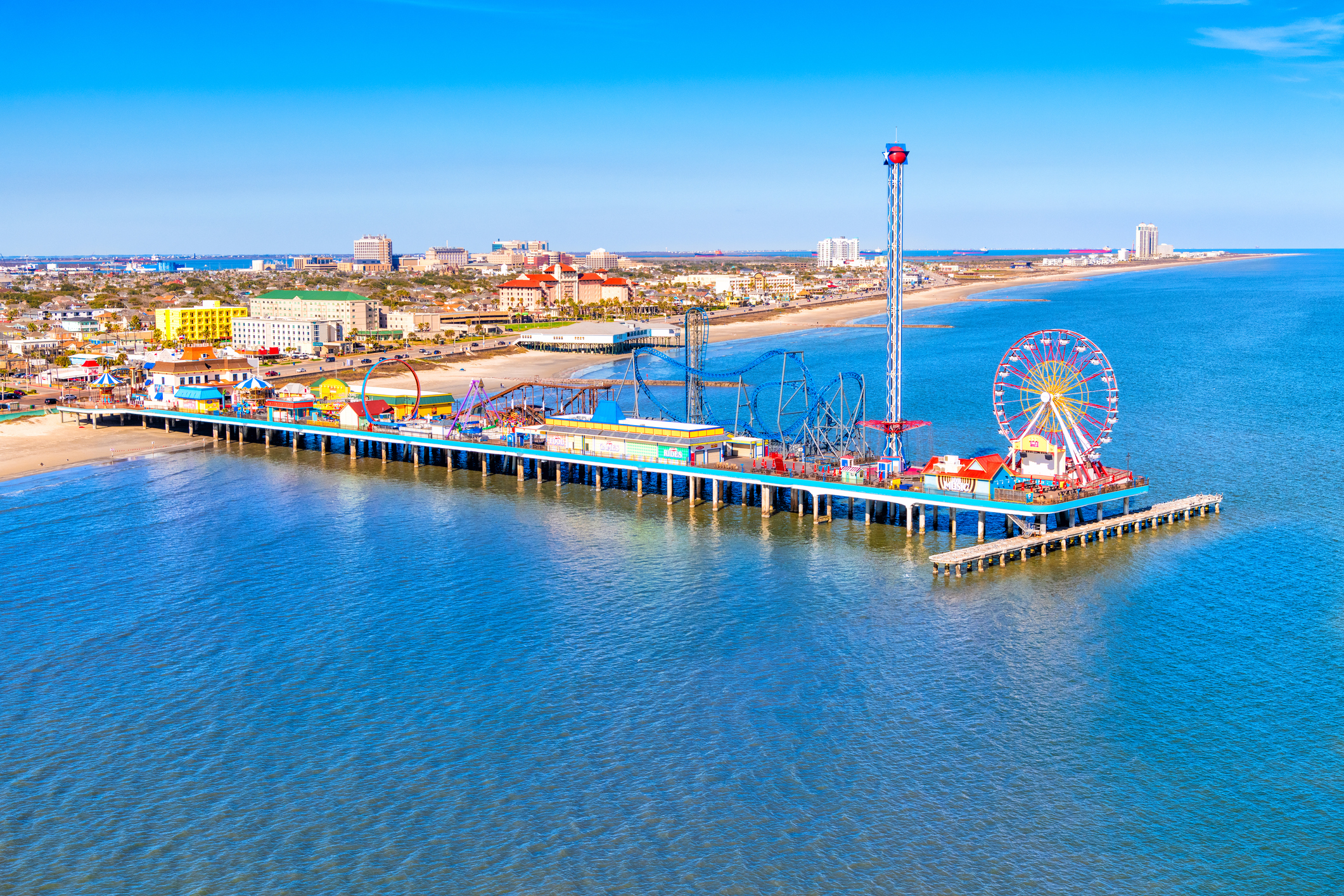 The Gulf Coast beach of Galveston, Texas shot via helicopters from an altitude of bout 600 feet.